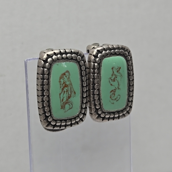 Chico's Silver Tone Turquoise Aqua Color with Copper Design Clip-On Earrings - Picture 3 of 9
